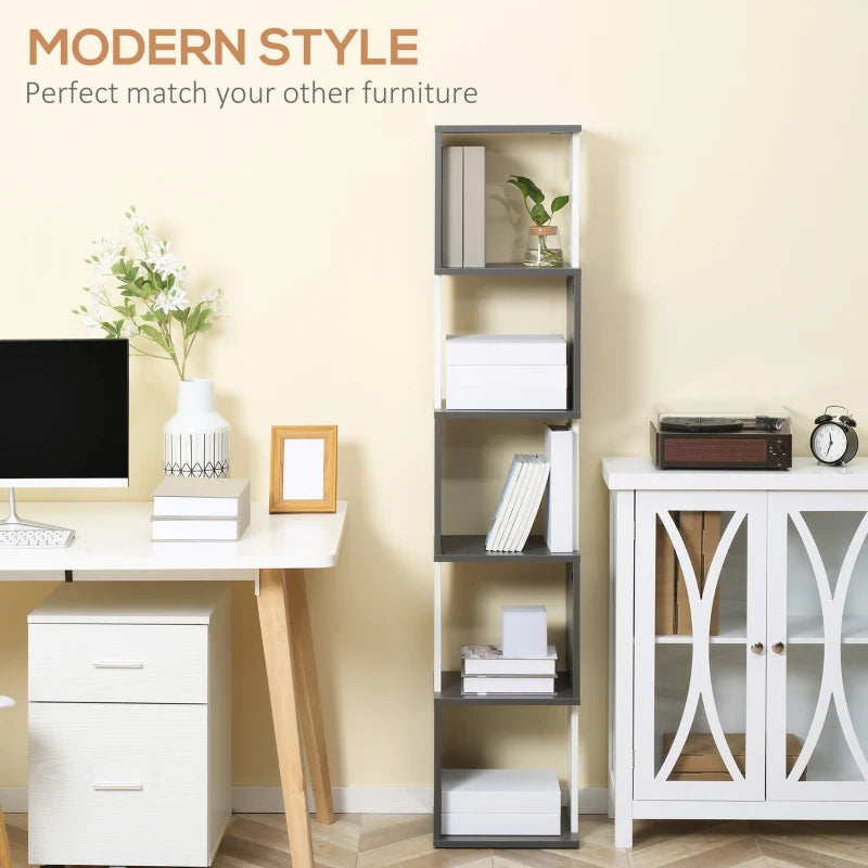 Modern 5-Tier Bookshelf - Freestanding Bookcase Storage for Living Room, Home Office & Study - White & Dark Grey