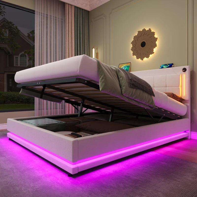 King Size LED Hydraulic Bed with Charging Station Adjustable Tufted Headboard Space Saving Design Beige