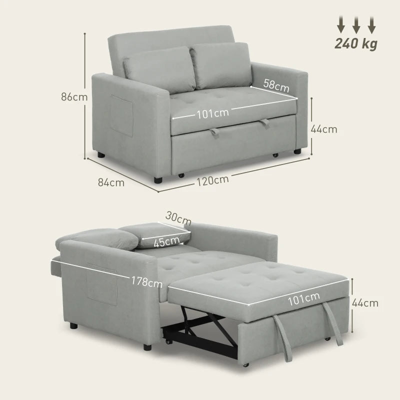 Light Grey Velvet-Feel Two-Seater Sofa Bed for Stylish Living Spaces