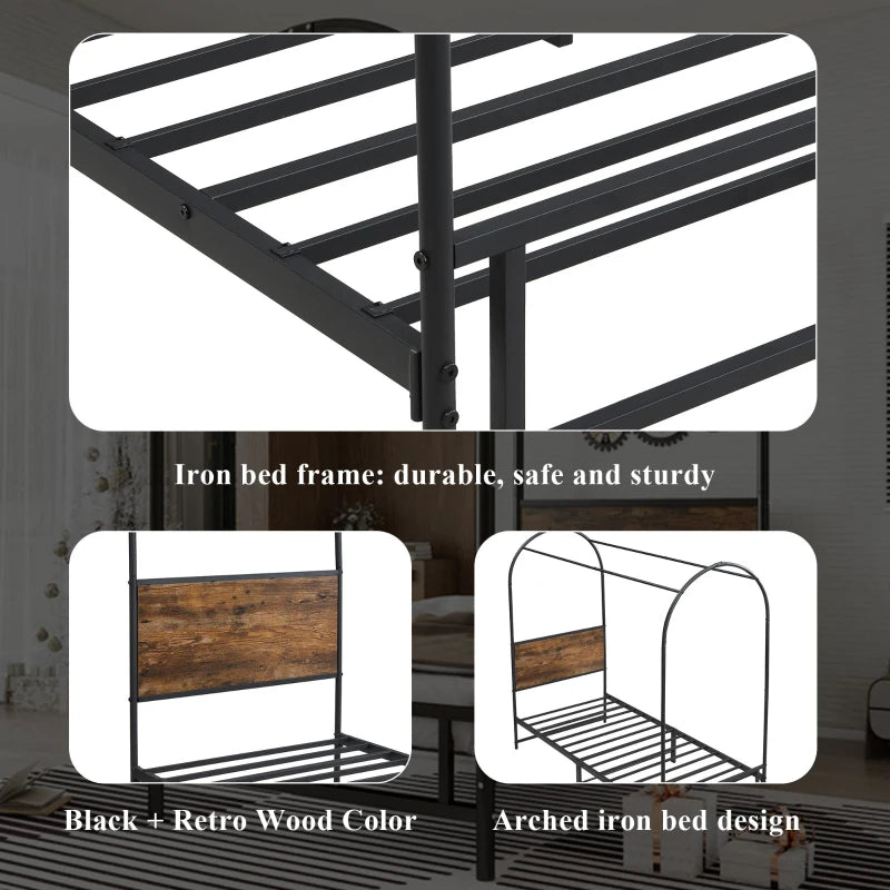 Durable Metal Canopy Bed Frame with Wood Headboard - Easy Self-Installation, Black, 195L x 90.5W x 192H cm