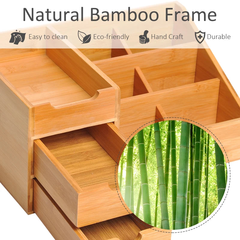 Bamboo Desk Organiser Caddy - Multi-Function Storage Holder with 7 Compartments & 2 Drawers for Home Office Supplies