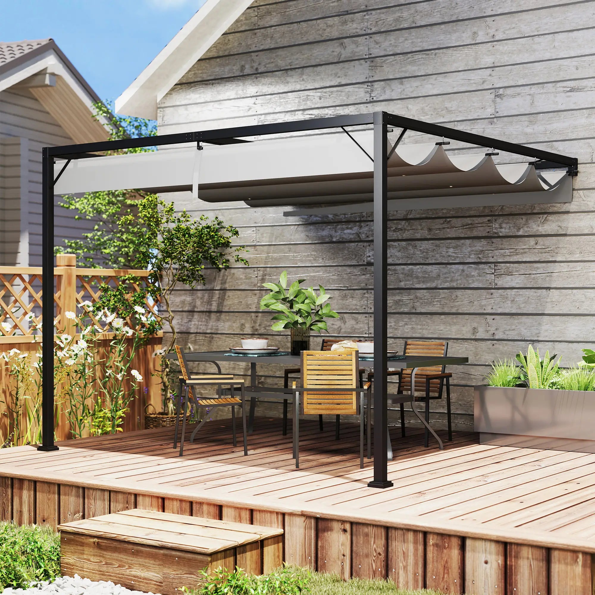 3m x 3m Grey Lean-To Pergola with Retractable Canopy