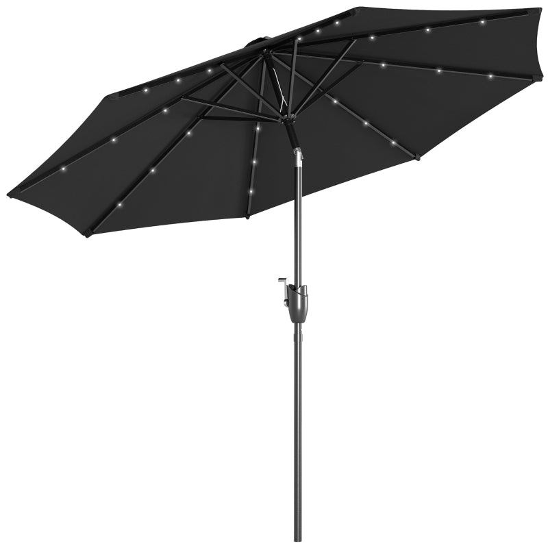 Black Solar LED Garden Parasol with Tilt Function - 2.7m