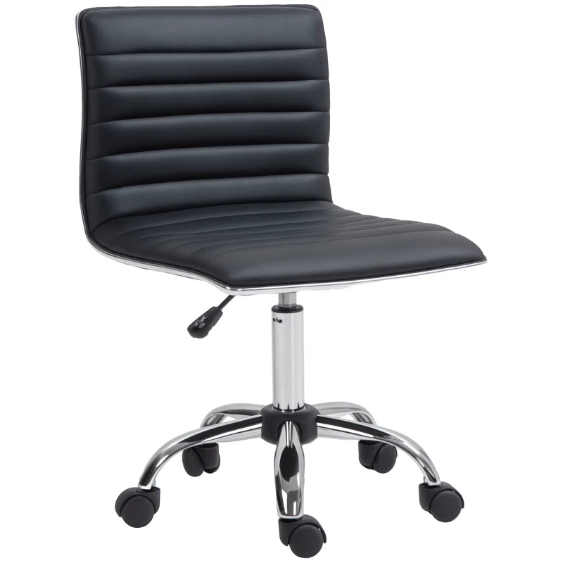 Armless Swivel Task Desk Chair with Faux Leather Adjustable Height Chrome Base and Wheels for Home Office Black
