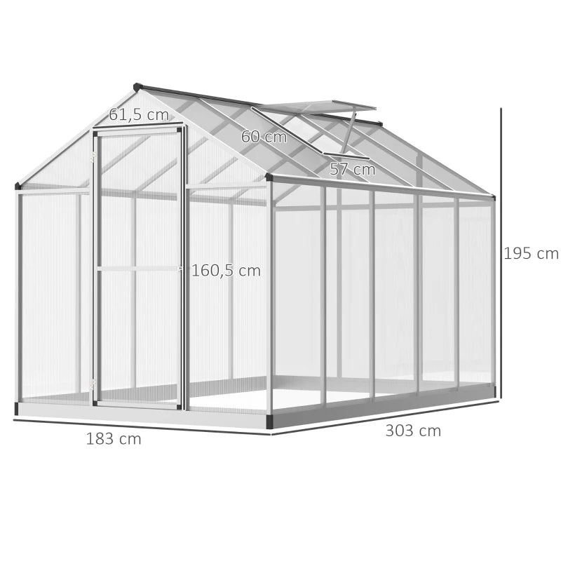 Clear Polycarbonate Walk-In Greenhouse - 303x183x195cm - Green