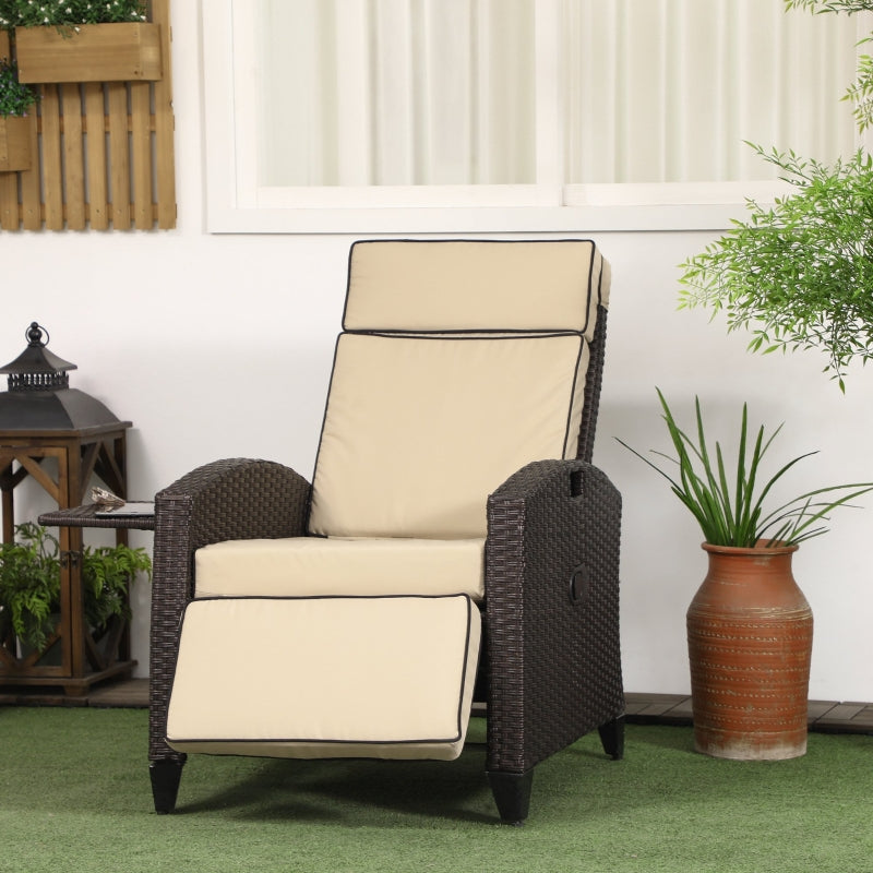 Khaki Outdoor Recliner Chair with Adjustable Backrest, Footrest, Cushion & Side Tray