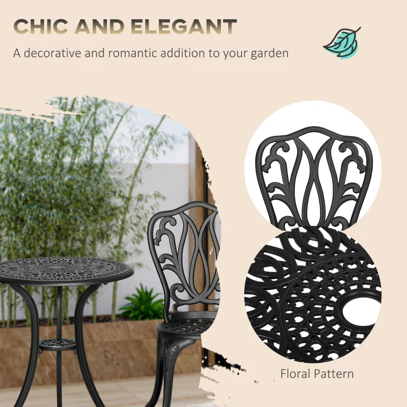 3 Piece Black Cast Aluminium Garden Bistro Set with Umbrella Hole - Outdoor Furniture for Balcony, Porch, Patio