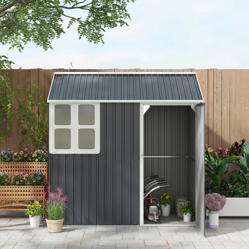 7x6ft Dark Grey Galvanised Garden Shed with Latch - Durable Outdoor Storage Solution
