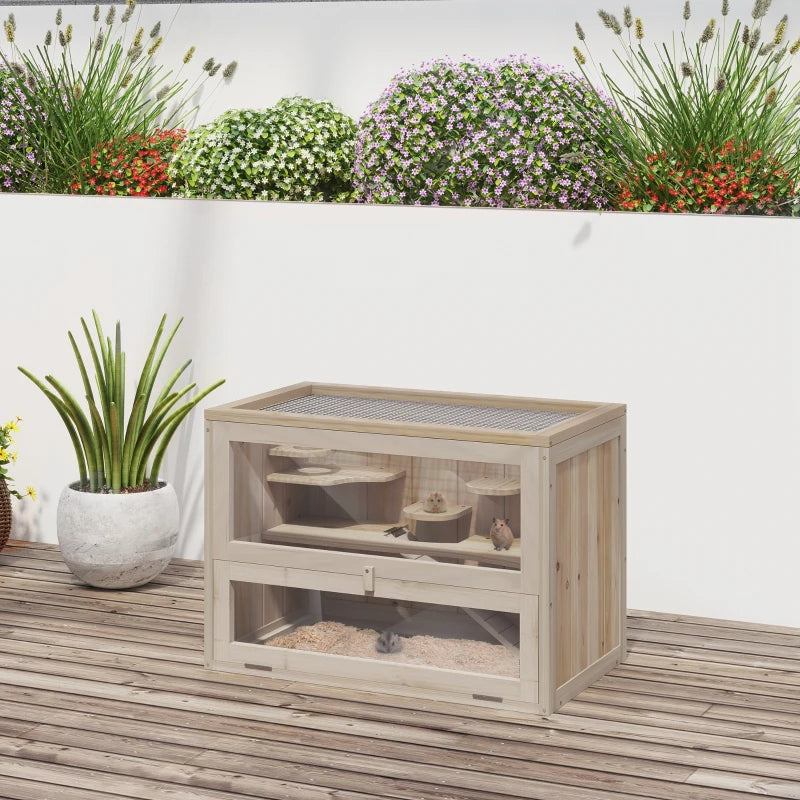Natural Wooden Hamster Cage for Mice & Small Rodents - 60x35x42cm Exercise Play House Hutch