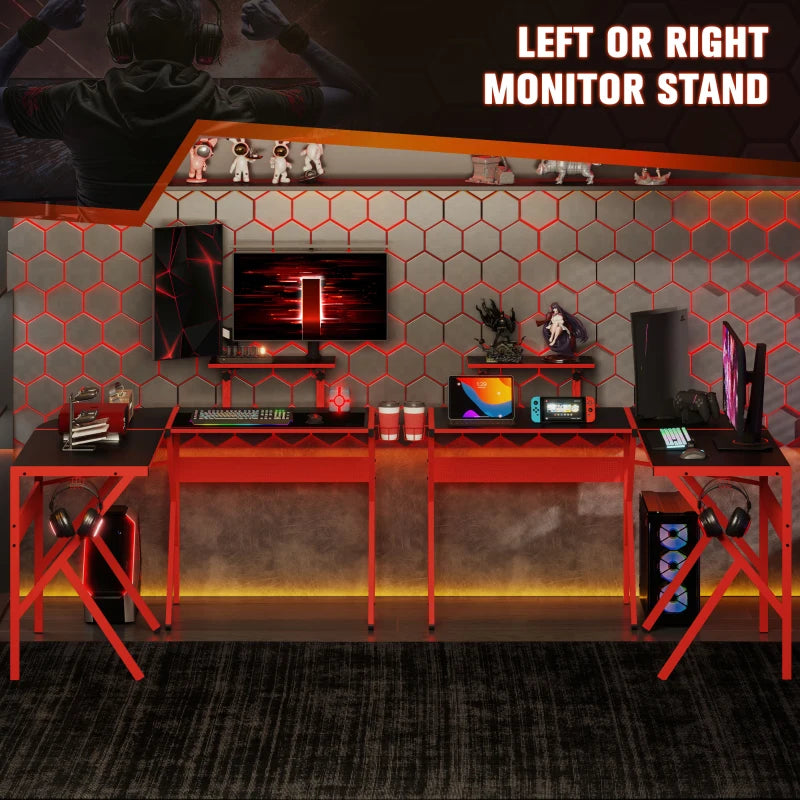 L-Shaped Gaming Desk for Home Office - Adjustable Monitor Stand, Cup Holder & Headphone Hook - 125x125x75cm, Red