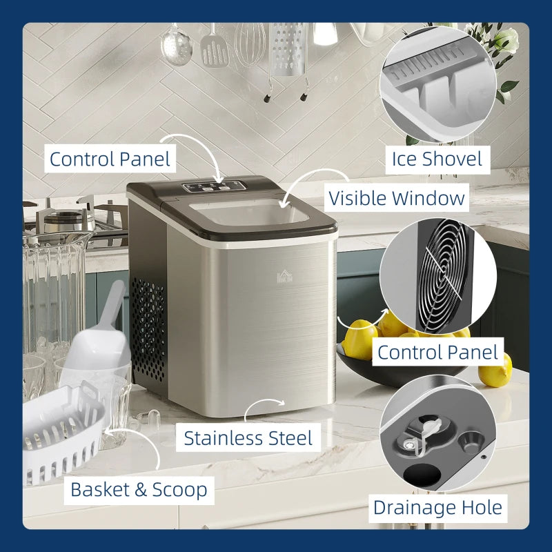 Portable Ice Maker Machine - 9 Cubes in 8 Mins, 12KG/24Hrs, Self-Cleaning, Adjustable Size, Stainless Steel, No Plumbing, Black