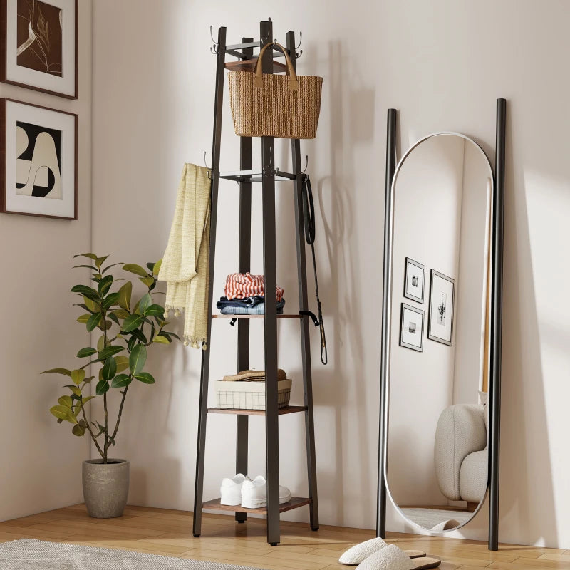 Industrial-Style Four Shelf Coat Stand - Rustic Brown and Black Entryway Organizer for Coats, Hats, and Accessories