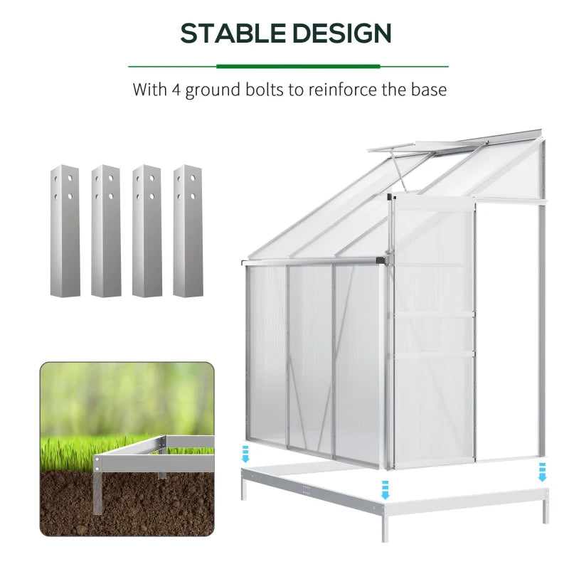 Green Aluminium Lean-to Garden Greenhouse 6x4ft with Adjustable Roof Vent