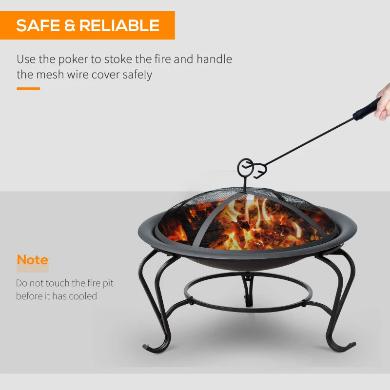 Metal Fire Pit Bowl - Round Outdoor Fire Pit with Lid, Log Grate & Poker for Backyard BBQ & Camping - 56cm