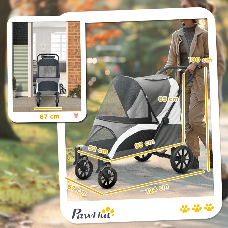 Foldable Large Dog Pet Stroller with 4 Big Wheels Shock-Absorbing Frame Safety Leashes and Brakes Dark Grey