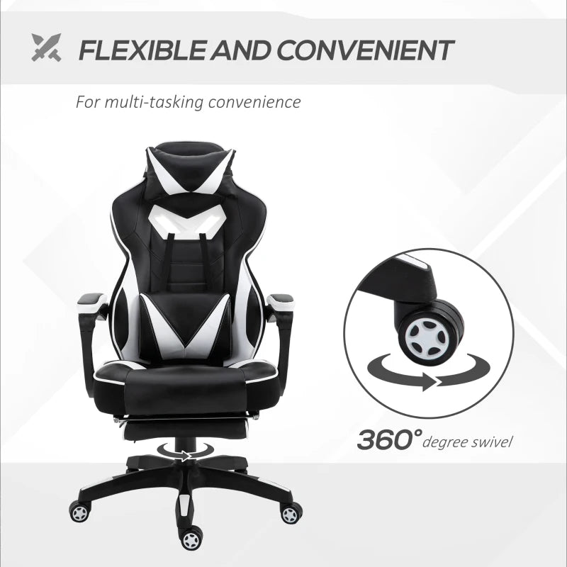 Vinsetto White Gaming Chair with Lumbar Support & Footrest - PU Leather Racing Desk Chair with Headrest & Swivel Wheels