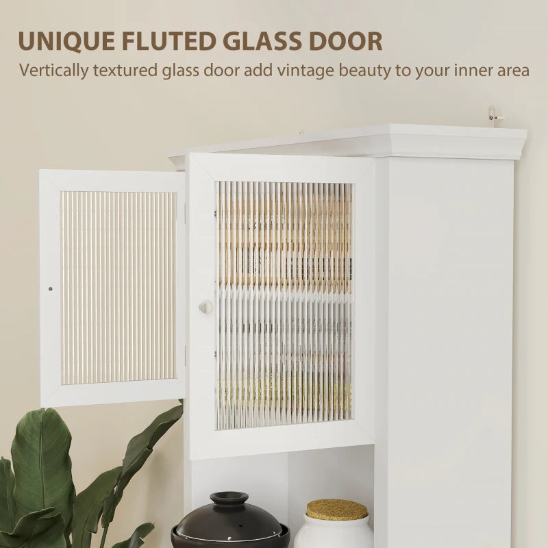 4-Door White Kitchen Cupboard with Drawer, Glass Doors, Adjustable Shelves & Open Counter - Freestanding Storage Cabinet