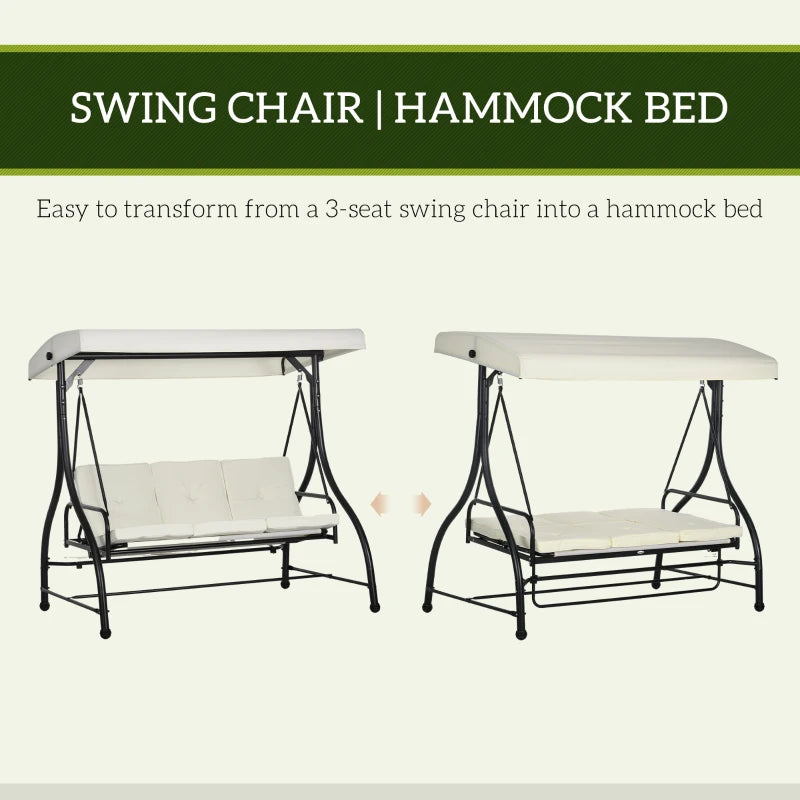 3 Seater Cream White Canopy Swing Chair - 2 in 1 Garden Swing Seat Bed with Adjustable Canopy and Metal Frame