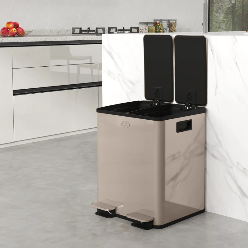 40L Dual Compartment Stainless Steel Trash Bin with Deodoriser Holders - Elegant Gold Tone for Modern Kitchens