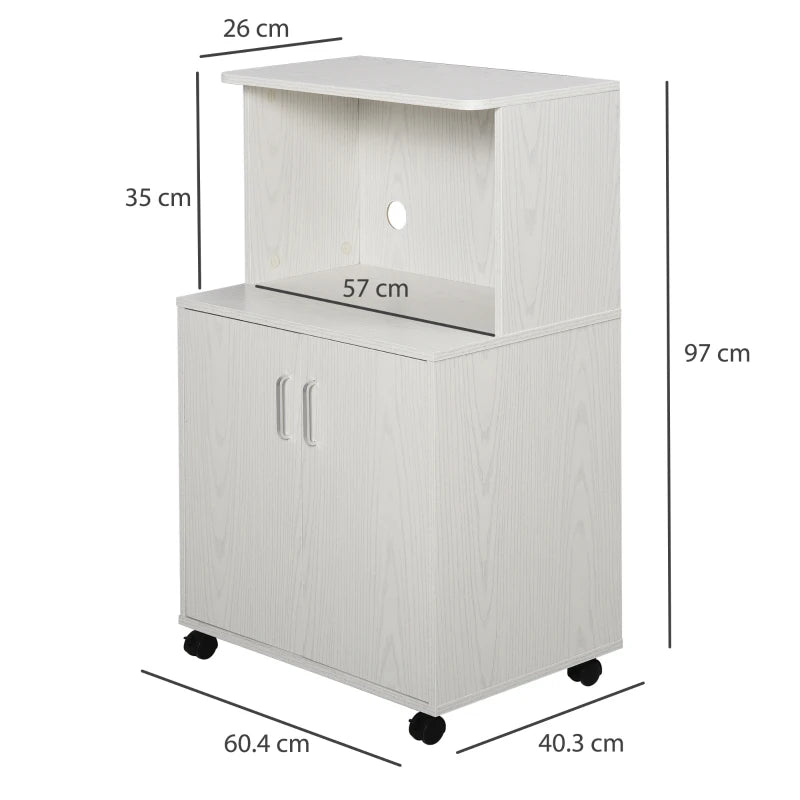 Modern Kitchen Storage Unit - Microwave Stand Trolley Cart with Locking Wheels, Sideboard & Shelf for Living Room/Dining Room - White