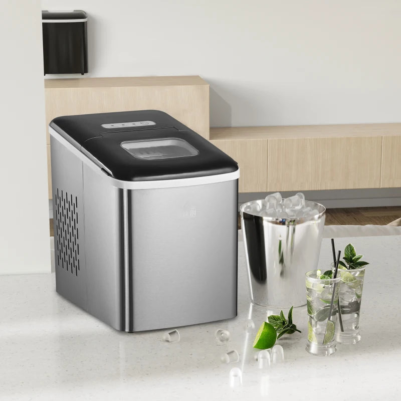 Portable Ice Maker Machine - 9 Cubes in 8 Mins, 12KG/24Hrs, Self-Cleaning, Adjustable Size, Stainless Steel, No Plumbing, Black