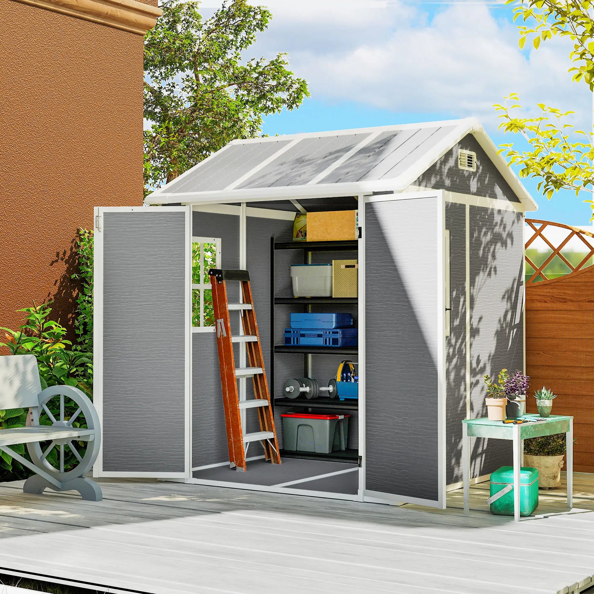 6ft x 6ft Garden Shed with Floor, Windows, Lockable Doors and Vents - Wood Effect Resin Tool Shed for Outdoor Patios
