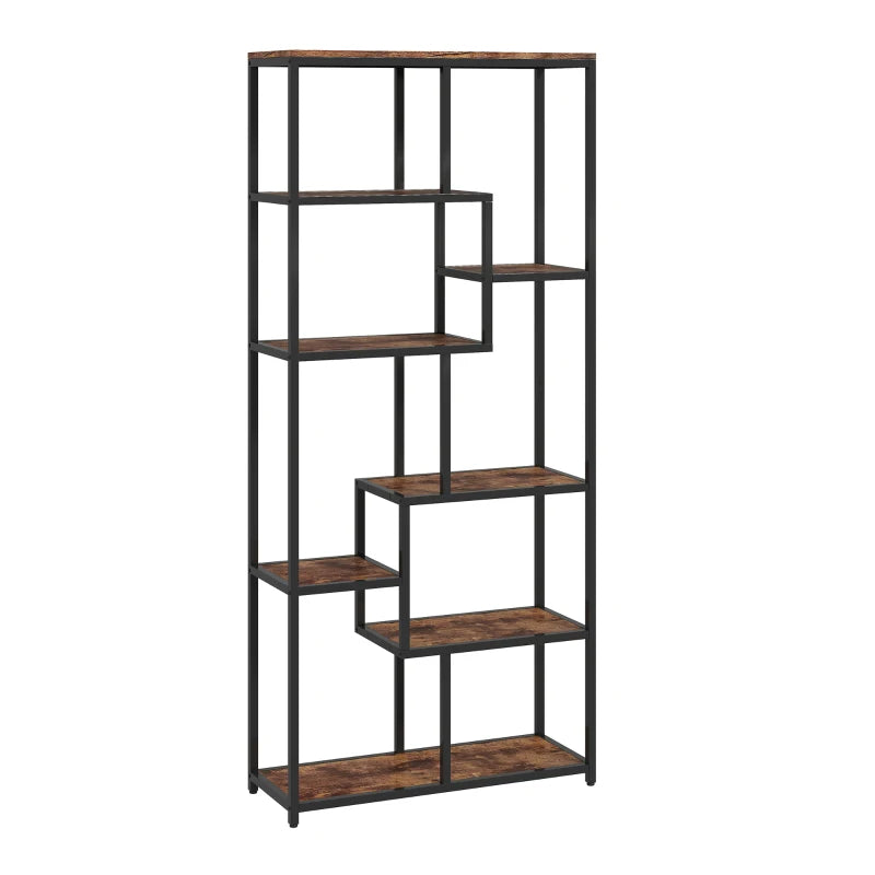 Unique Seven-Tier Geometric Bookcase in Brown and Black - Stylish Storage Solution for Home or Office