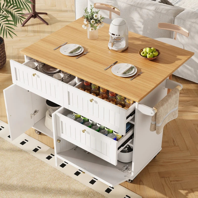 Rolling Mobile Kitchen Island Cart with Drawer & Storage, Drop Leaf, Multi-Functional Design, 133L x 70W x 88H cm, White