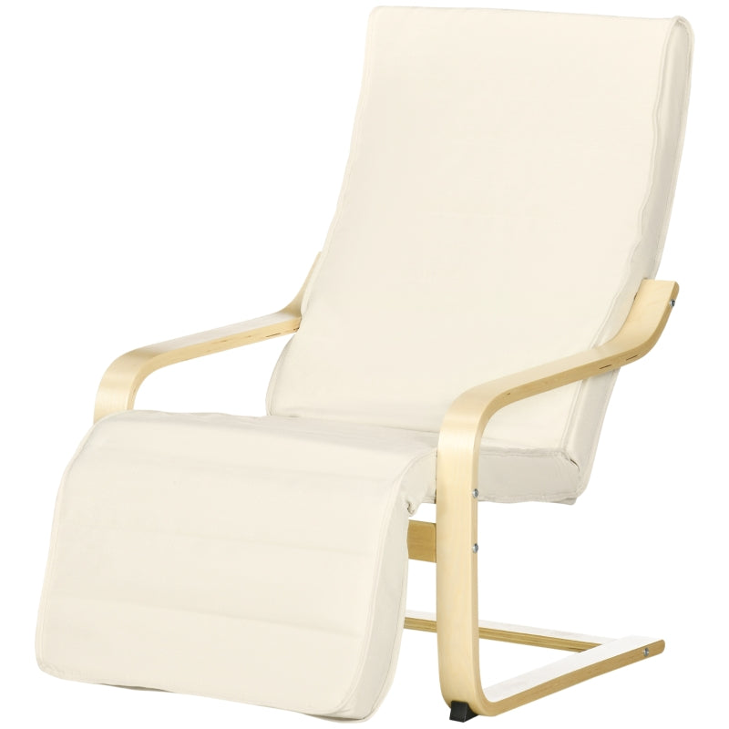 Cream White Wooden Reclining Lounge Chair with Adjustable Footrest and Removable Cushion for Deck Relaxation