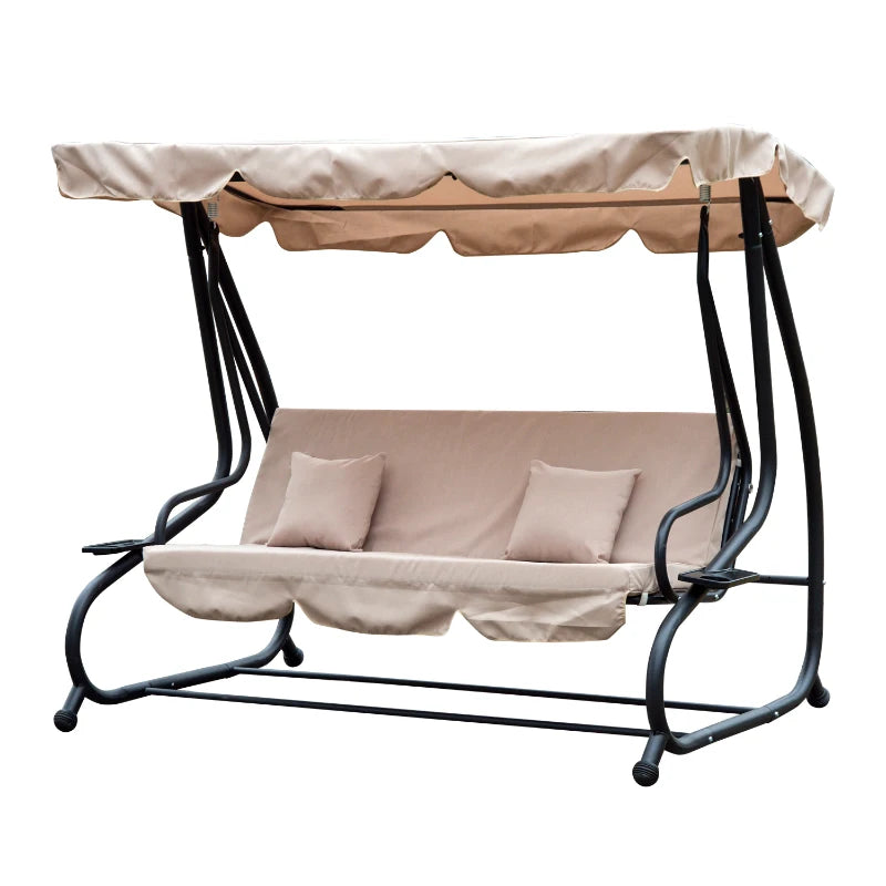 Beige Water-Resistant 3-Seater Swing Chair with Cup Holder