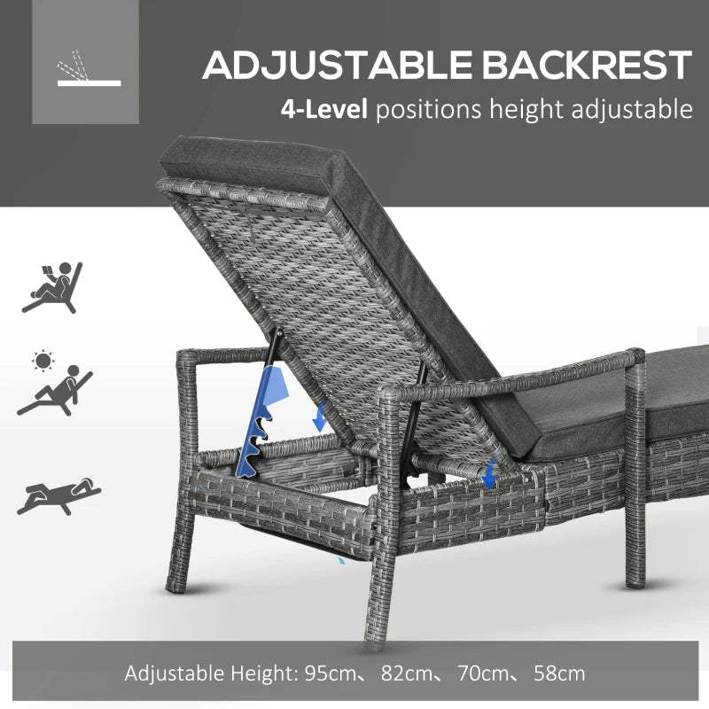 Grey Rattan Sun Lounger with Adjustable Backrest & Washable Cushion