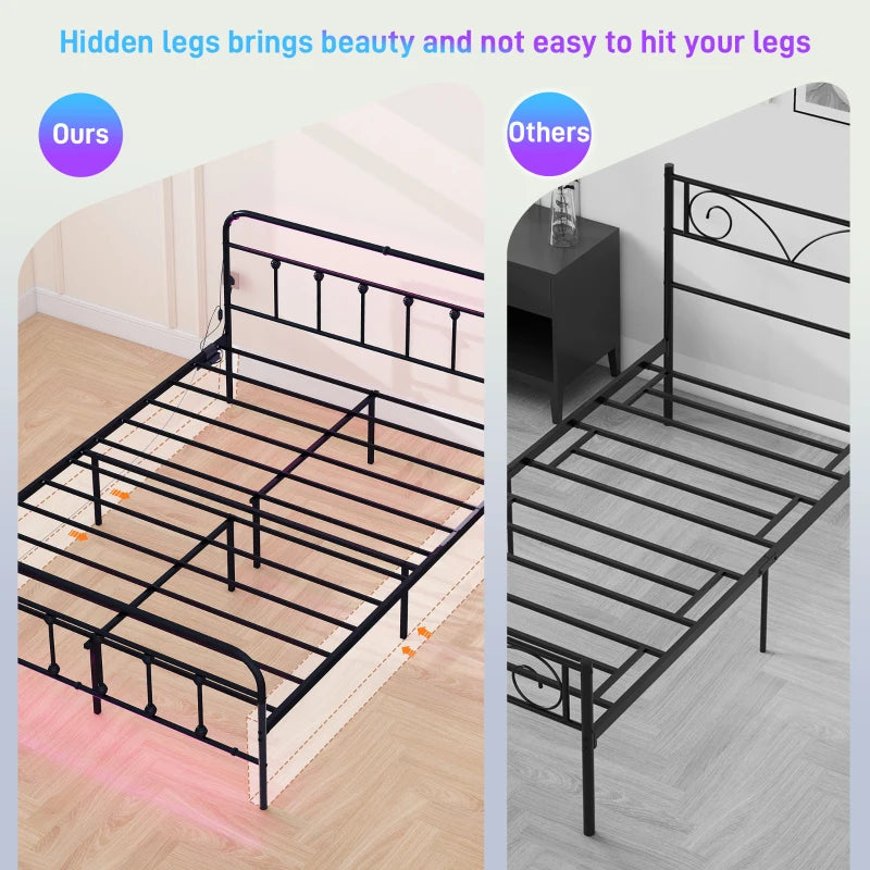 King Size Metal Bed Frame with LED Lights and USB Charging Station for Modern Bedrooms