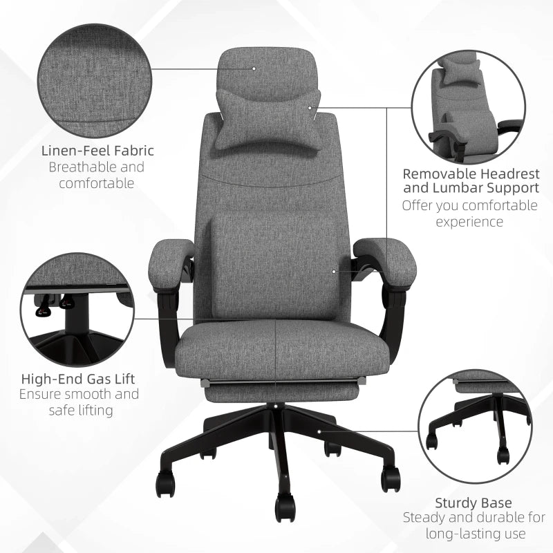 Vinsetto Grey Linen-Look Office Chair with 160° Recline and Footrest - Ergonomic Comfort for Home and Office