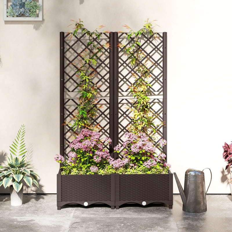 Brown Raised Garden Bed with Trellis - 48" Plastic Planter Box for Climbing Plants, Vegetables, and Flowers with Drainage Holes