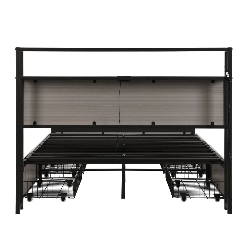 Metal Double Bed with LED Light Strip, 4 Drawers & 3 USB Ports - Stylish Gray Bedroom Furniture, 207x135.5x105 cm