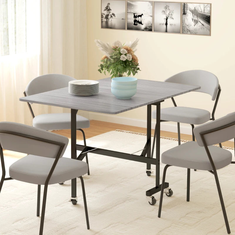 Unique Six-Seater Drop-Leaf Dining Table on Wheels - Stylish Grey Wood-Effect for Modern Homes