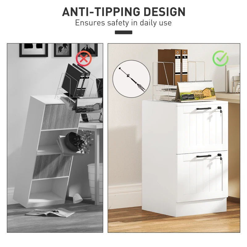 Secure 2 Drawer Filing Cabinet with Lock - Adjustable Hanging Bars for A4 Files - Stylish White Office Storage Solution