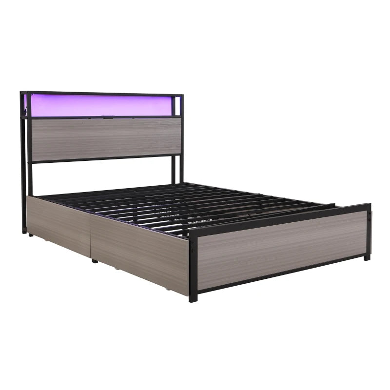 Metal Double Bed with LED Light Strip, 4 Drawers & 3 USB Ports - Stylish Gray Bedroom Furniture, 207x135.5x105 cm