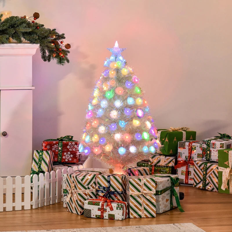 3FT Pre-Lit White Artificial Christmas Tree with Fibre Optic LED Lights - Festive Holiday Home Decoration