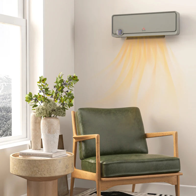 Electric Wall Downflow Heater 2000W with Timer and Remote Control Oscillating Fan for Bedroom and Home Office Grey