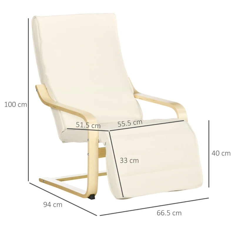 Cream White Wooden Reclining Lounge Chair with Adjustable Footrest and Removable Cushion for Deck Relaxation