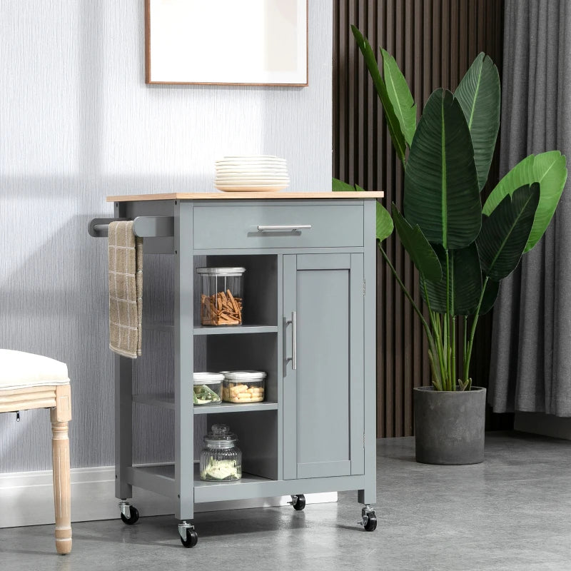 Compact Kitchen Trolley Utility Cart on Wheels with Open Shelf & Storage Drawer - Grey Dining Room & Kitchen Organizer
