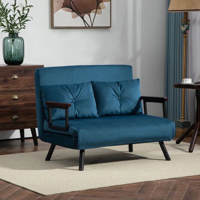 Velvet-Feel Double Sofa Bed with Pillows in Blue - Versatile 4-in-1 Design for Comfort and Style