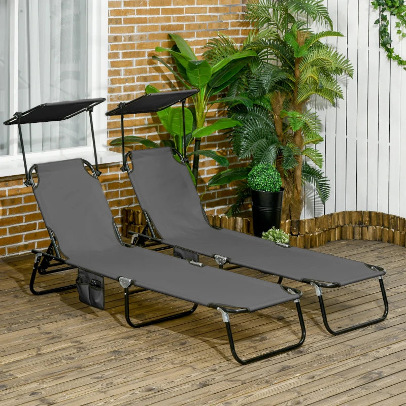 2 Piece Dark Grey Folding Sun Loungers with Canopy - Adjustable Recliner Garden Chairs with Side Pocket, Steel Frame and Breathable Mesh for Outdoor, Pool, Beach, Garden