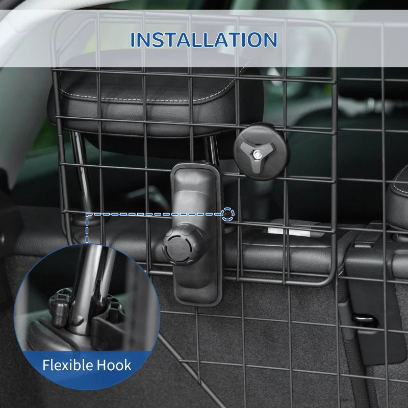 Adjustable Dog Guard for Cars - Metal Mesh Boot Barrier & Pet Headrest, 90-120W x 40.5H cm
