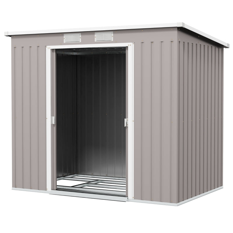 7ft x 4ft Grey Lean to Metal Garden Shed With Foundation Kit, Double Doors & Air Vents