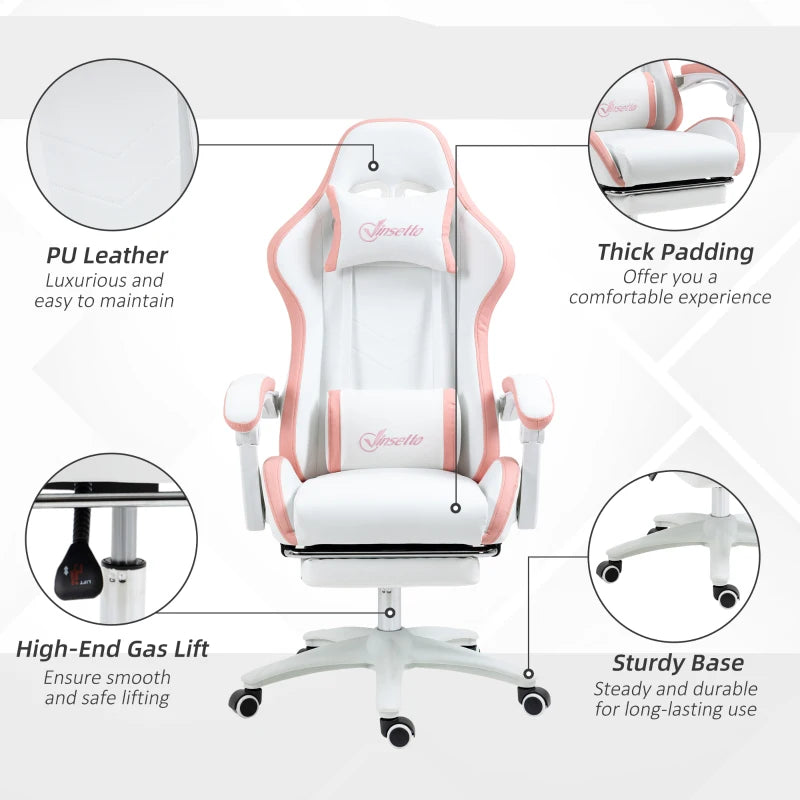 Vinsetto White & Pink Gaming Chair with Footrest, 135° Recline, Lumbar Support, Swivel Wheels - PU Leather Office Desk Chair