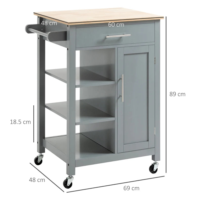 Compact Kitchen Trolley Utility Cart on Wheels with Open Shelf & Storage Drawer - Grey Dining Room & Kitchen Organizer