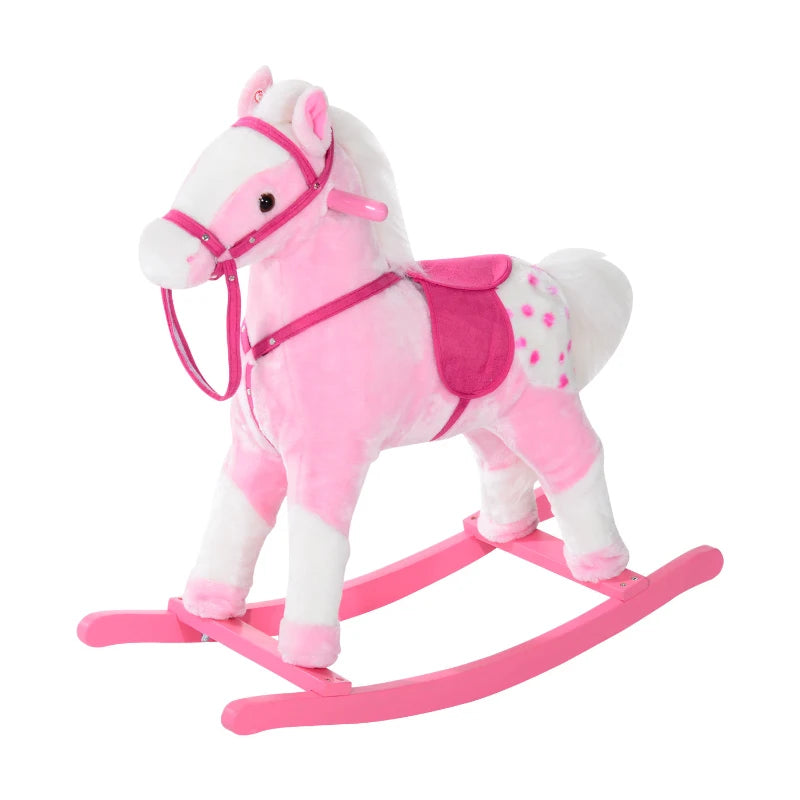 Pink Baby Rocking Horse Plush Ride-On Toy with Sound and Handle Grip for Kids Ages 3-6 - Perfect Gift!
