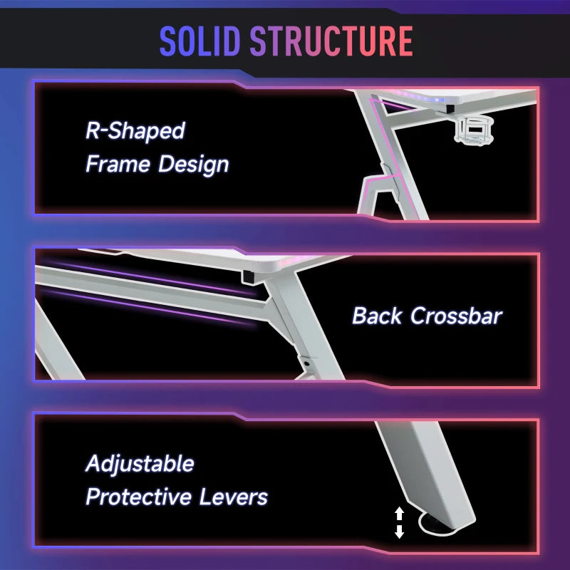 RGB Gaming Desk 120x66cm - Carbon Fibre Computer Table with Headphone Hook, Cup Holder & Controller Rack - White Home Office
